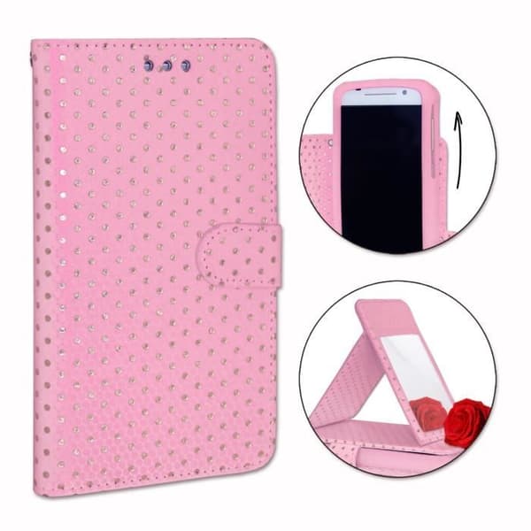 PH26® Etui folio för Gooweel M7 med guldprickar i rosa ekoläder med kortfack, spegel och synliga sömmar.