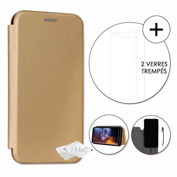 PH26® Super Pack Folio-korthållare i guldkornigt ekoläder för Logicom Le Hop med 2 härdade glas, hårdhet