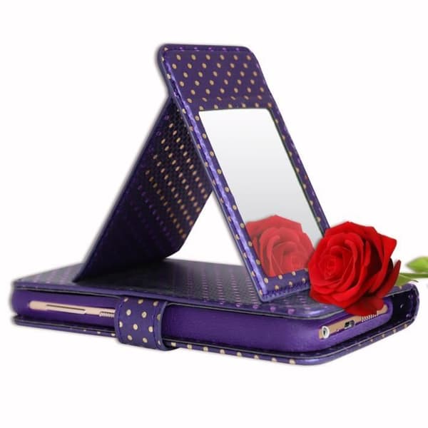 Housse folio - PH26® - Lenovo Vibe P1m - Ekologisk läder i lila med gyllene prickar - Inbyggd spegel - Magnetisk flik