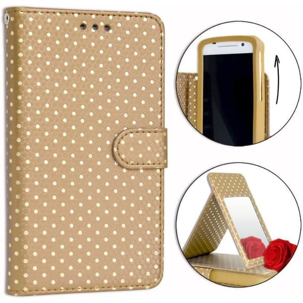 Skal till Huawei Enjoy 10 med guldprickar i ekoläder med korthållare, spegel och synliga sömmar - GULD