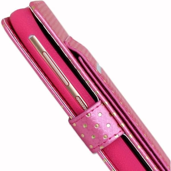 Fodral till Wiko Jerry 4 med guldprickar i ekoläder med korthållare, spegel och synliga sömmar - FUSHIA