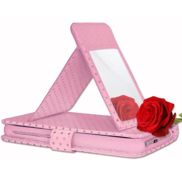 Skal till Oppo A12 med guldprickar i ekoläder med korthållare, spegel och synliga sömmar - ROSA