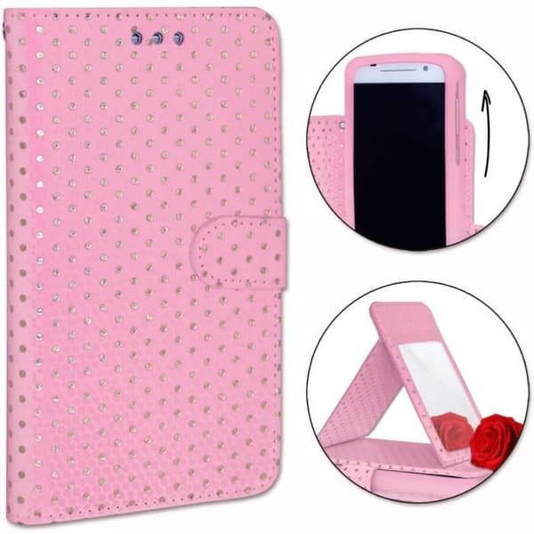 Skal till Xiaomi Mi CC9 Meitu Edition med guldprickar i ekoläder med korthållare, spegel och synliga sömmar - ROSA