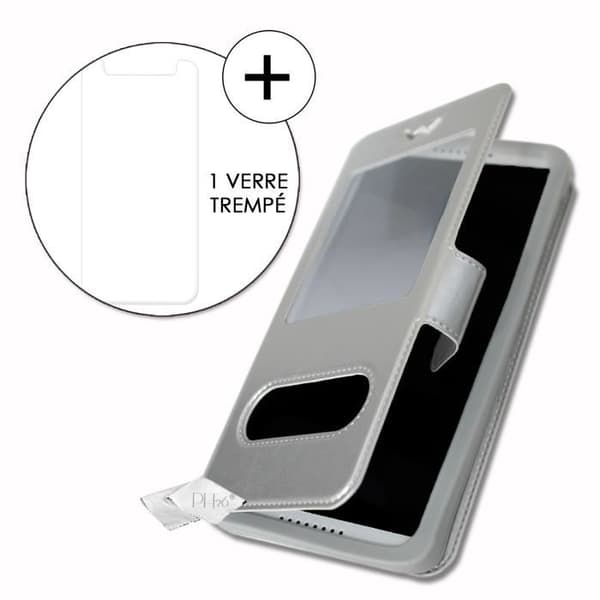 Super Pack Case Cover för Infinix Hot 7 Extra Slim 2 Windows Eco Leather + High Transparens härdat glas SILVER