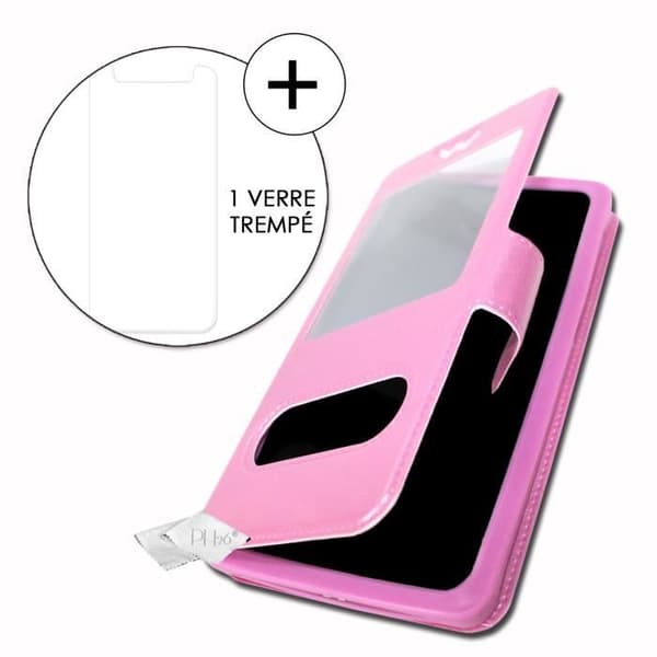 Super Pack Cover för Oukitel C12 Extra Slim 2 Eco-läderfönster + 2 högtransparenta skyddsglasögon ROSA