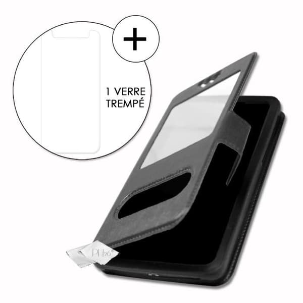 Super Pack-fodral för LG V50 ThinQ 5G Extra Slim 2 Windows ekoläder + High Transparency Tempered Glass SVART