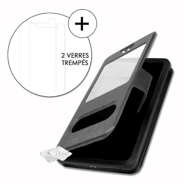Super Pack-fodral för LG K50 Extra Slim 2 Eco-läderfönster + 2 högtransparens skyddsglasögon SVART