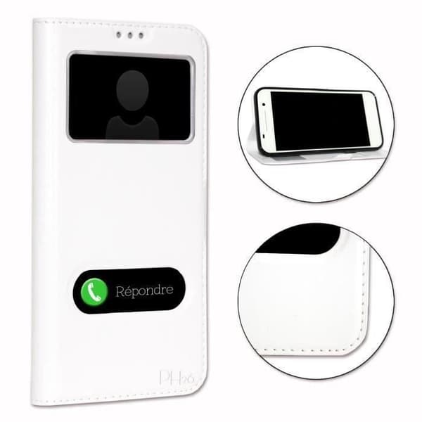 Samsung Galaxy J5 J500 Vitdedikerad vit folio med fönster i läderliknande material och synliga sömmar av PH26®