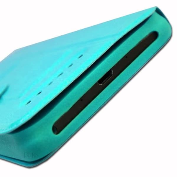 Super Pack-fodral för HTC desire 12+ Extra Slim 2 Eco-läderfönster + 2 högtransparens skyddsglasögon TURKOSBLÅ