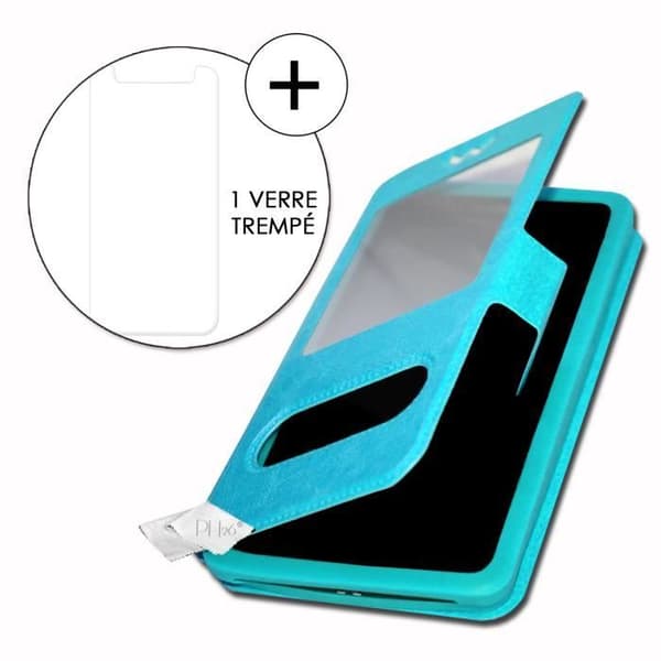 Super Pack-fodral för HTC desire 12+ Extra Slim 2 Eco-läderfönster + 2 högtransparens skyddsglasögon TURKOSBLÅ