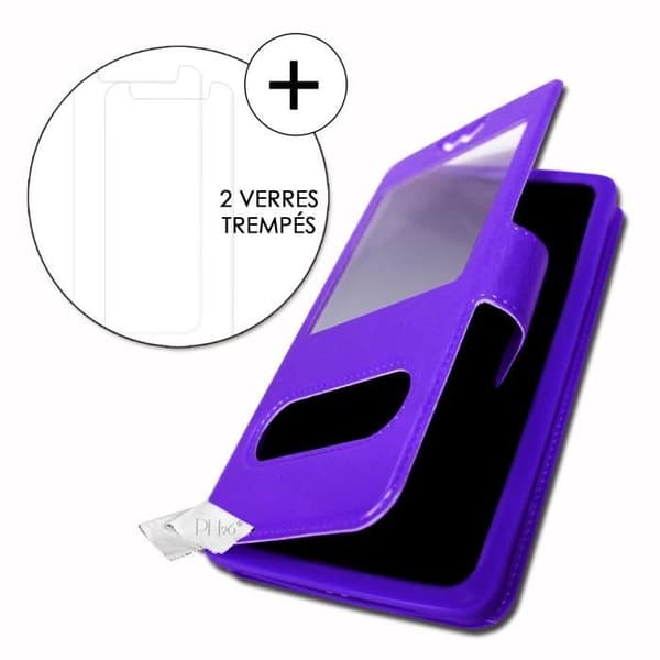 Super Pack-fodral för Oppo Reno Z SD710 Extra Slim 2 Eco-läderfönster + 2 högtransparens skyddsglasögon LILA