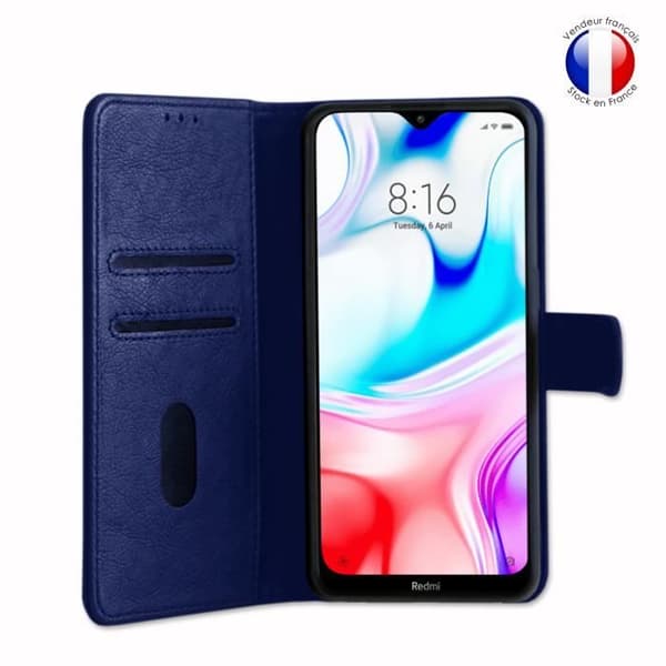Plånboksfodral dedikerat till Xiaomi Redmi 8 med magnetisk flik, kortlagring och videostöd - Blå