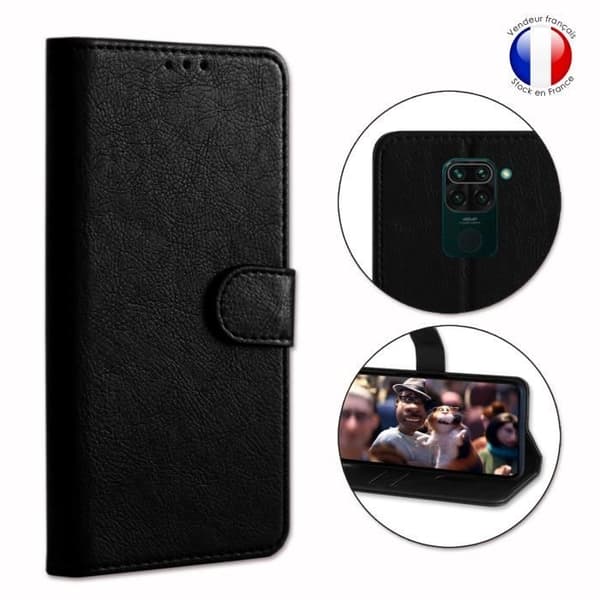 Plånboksfodral dedikerat till Xiaomi Redmi Note 9 med magnetisk flik, kortlagring och videostöd - Svart