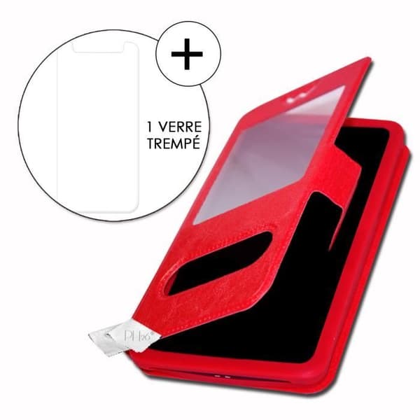 Super Pack Cover för Konrow Easy 62 Extra Slim 2 Windows eco-läder + High Transparency Tempered Glass RÖD