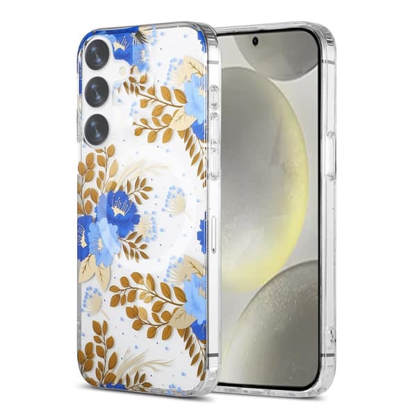 Samsung Galaxy S24 Plus Mobilskal Magnet - Blommor Blå/Guld