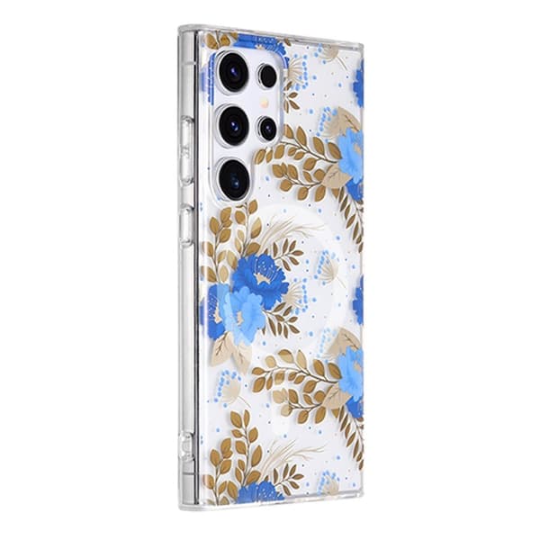Samsung Galaxy S24 Ultra Mobilskal Magnet - Blommor Blå/Guld