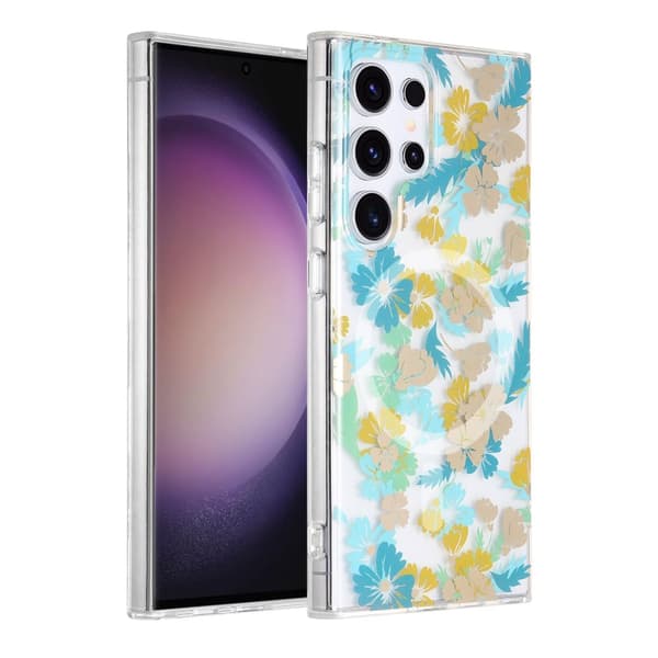 Samsung Galaxy S23 Ultra Mobilskal Magnet - Blommor Turkos