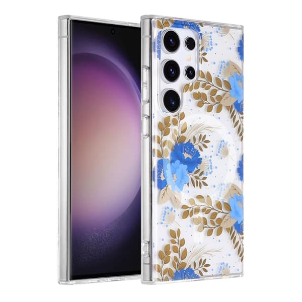 Samsung Galaxy S23 Ultra Mobilskal Magnet - Blommor Blå/Guld