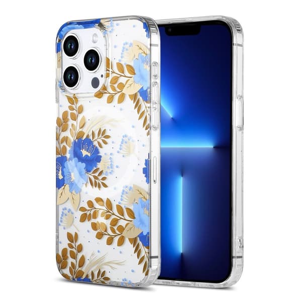 iPhone 13 Pro Max Mobilskal MagSafe - Blommor Blå/Guld