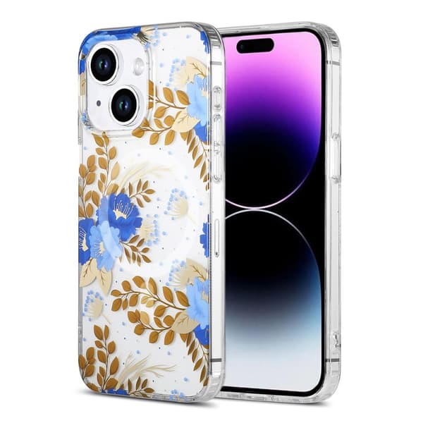 iPhone 14/15 Plus Mobilskal MagSafe - Blommor Blå/Guld