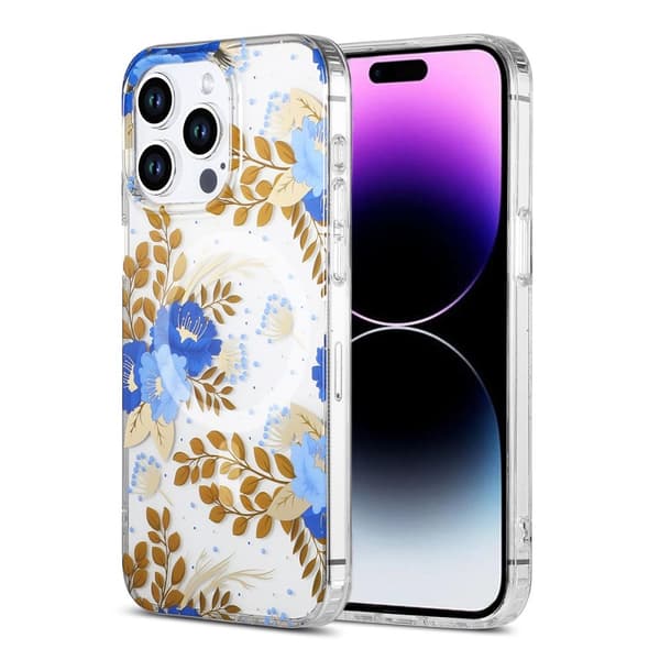 iPhone 14 Pro Max Mobilskal MagSafe - Blommor Blå/Guld