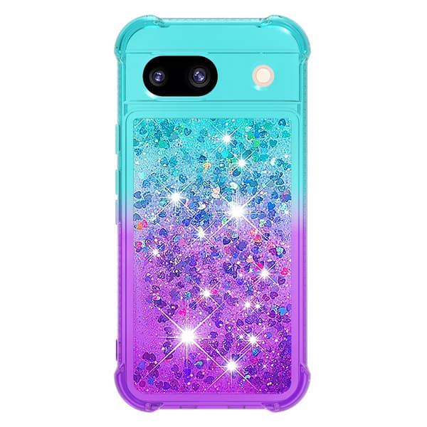 SKALO Google Pixel 8a Kvicksand Glitter Hjerter TPU Cover - Turkis-Lilla
