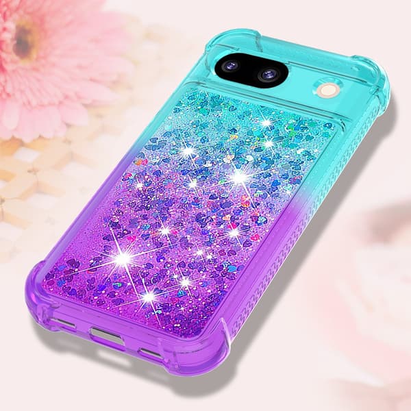 SKALO Google Pixel 8a Kvicksand Glitter Hjerter TPU Cover - Turkis-Lilla