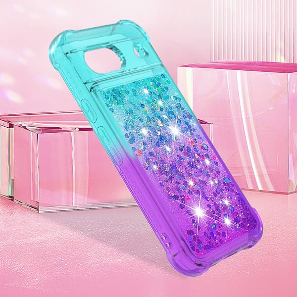 SKALO Google Pixel 8a Kvicksand Glitter Hjerter TPU Cover - Turkis-Lilla