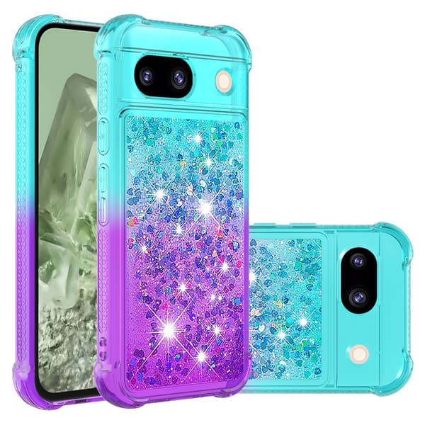 SKALO Google Pixel 8a Kvicksand Glitter Hjerter TPU Cover - Turkis-Lilla