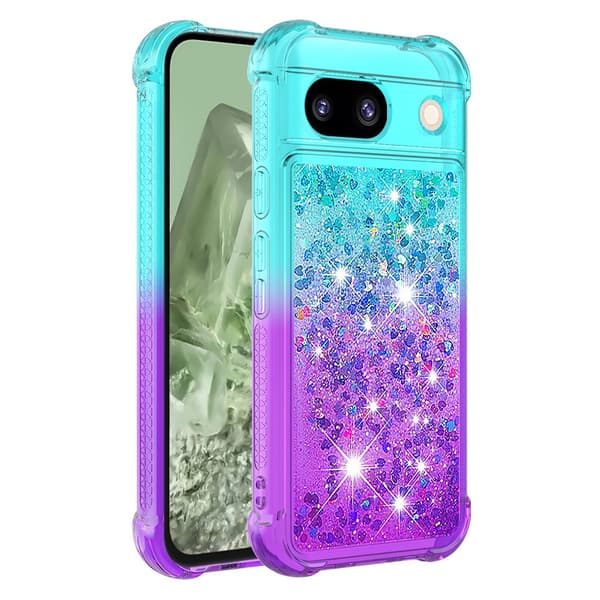 SKALO Google Pixel 8a Kvicksand Glitter Hjerter TPU Cover - Turkis-Lilla