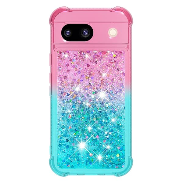 SKALO Google Pixel 8a Kvicksand Glitter Hjerter TPU Cover - Pink-Turkis