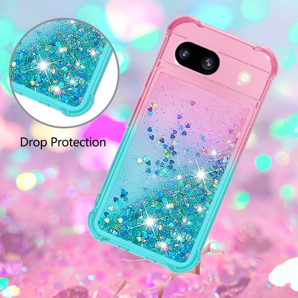 SKALO Google Pixel 8a Kvicksand Glitter Hjerter TPU Cover - Pink-Turkis