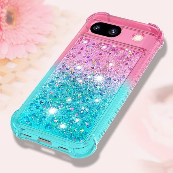 SKALO Google Pixel 8a Kvicksand Glitter Hjerter TPU Cover - Pink-Turkis