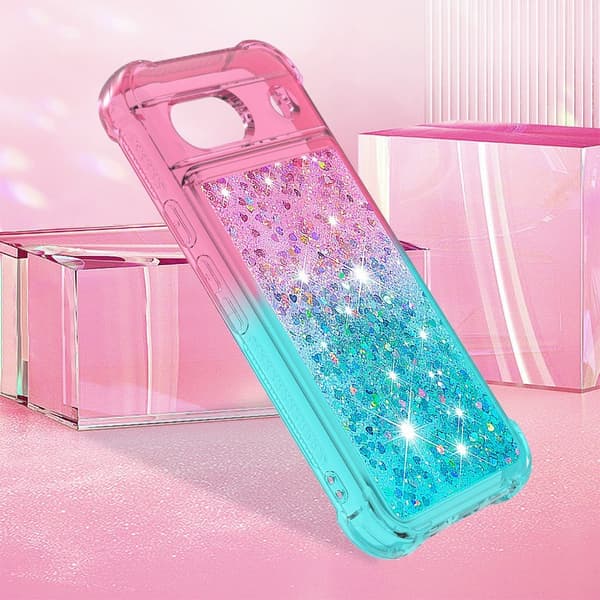 SKALO Google Pixel 8a Kvicksand Glitter Hjerter TPU Cover - Pink-Turkis