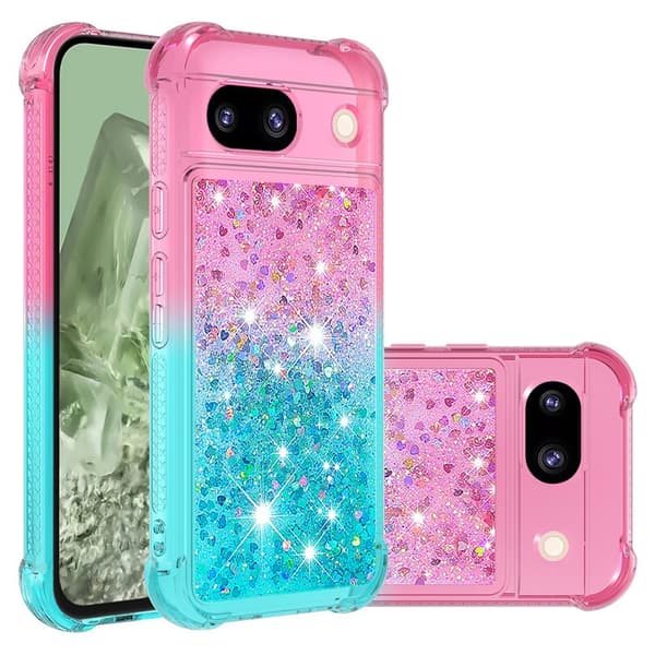 SKALO Google Pixel 8a Kvicksand Glitter Hjerter TPU Cover - Pink-Turkis