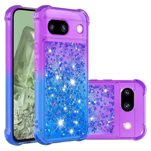 SKALO Google Pixel 8a Kvicksand Glitter Hjerter TPU Cover - Lilla-Blå