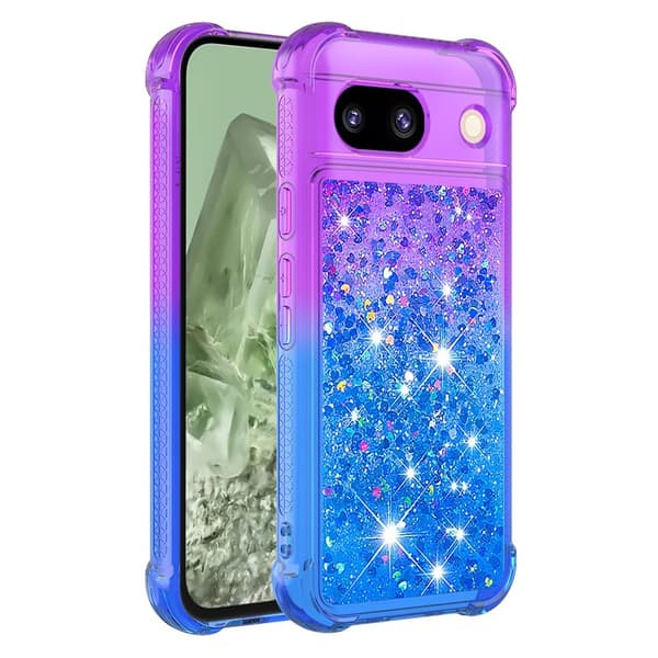 SKALO Google Pixel 8a Kvicksand Glitter Hjerter TPU Cover - Lilla-Blå