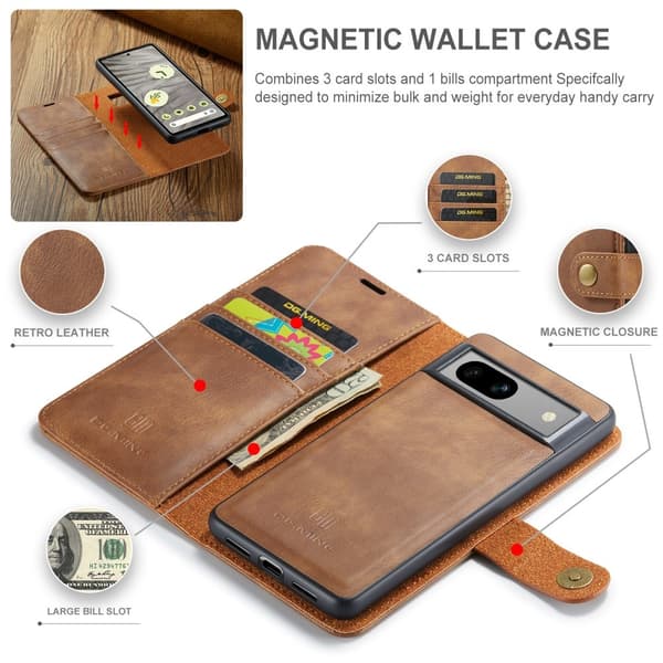 DG MING Google Pixel 8a 2-in-1 magneetti lompakkokotelo - Ruskea