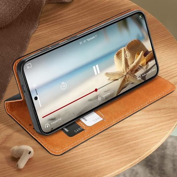 Samsung Galaxy S24 Plus Svart plånboksfodral i äkta läder - AVIZAR - Flik - Integrerade korthållare