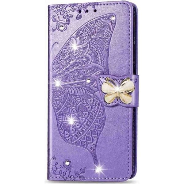 Samsung Galaxy A21s Fodral, Glitter Läder Anti-Shock Skyddsfodral med Diamond Magnetic Card Holder Ljuslila