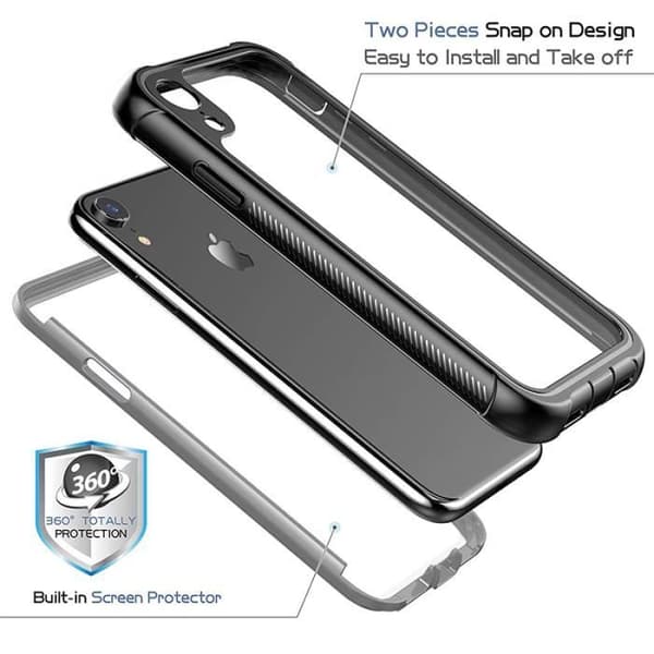 Iphone XR 6,1" fodral, helkroppsskydd mot stötfångare med transparent baksida och integrerat skärmskydd (svart)