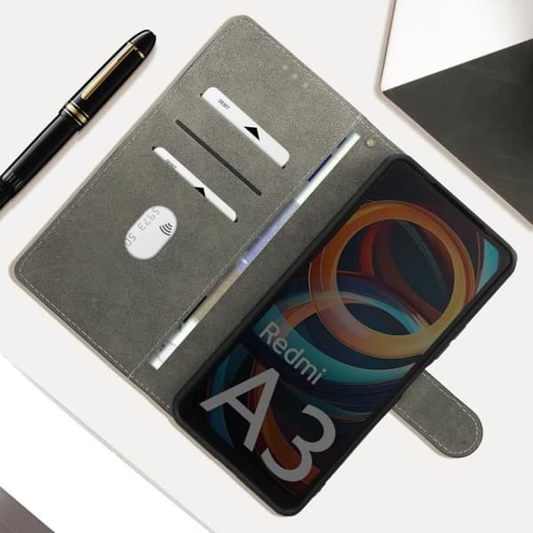 Fodral till Xiaomi Redmi A3 - AVIZAR - Borstad effekt - Plånbok - Svart