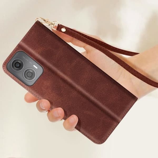 Brunt plånboksfodral med handledsrem till Motorola Moto G24 och G04 - AVIZAR - Halvstyvt - Syntet