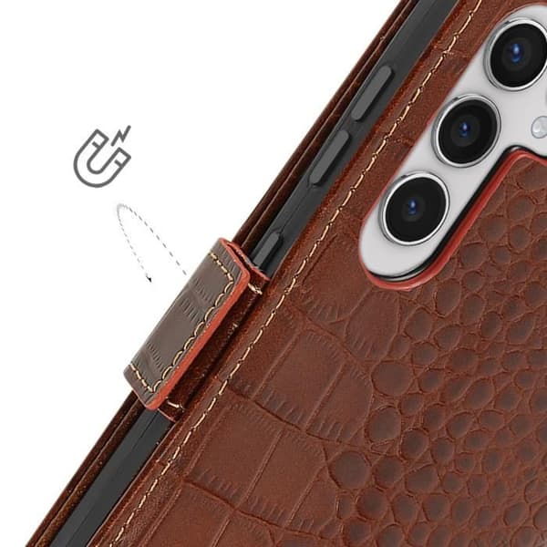 Läderfodral till Samsung Galaxy S24 RFID-plånbok Krokodilmönster Brun