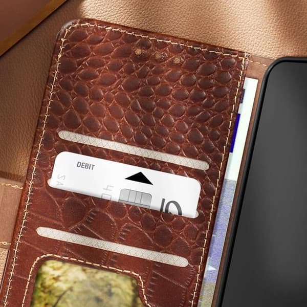 Läderfodral till Samsung Galaxy S24 RFID-plånbok Krokodilmönster Brun
