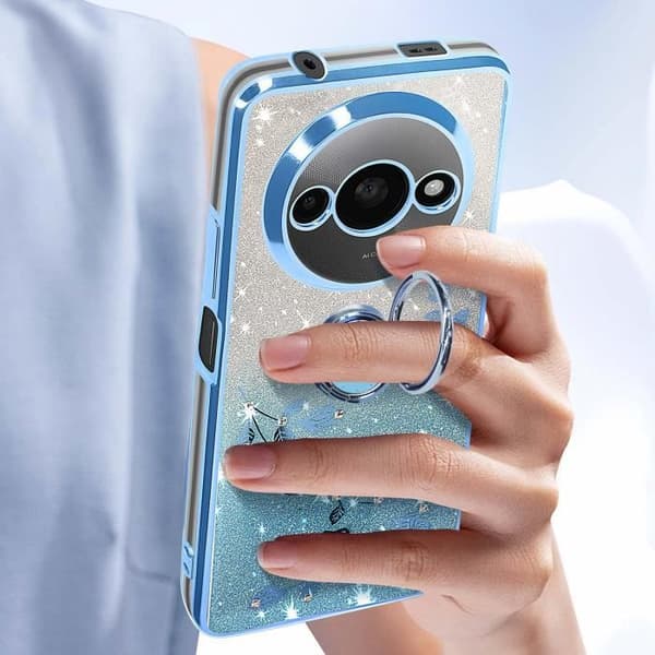 Fodral till Xiaomi Redmi A3 - AVIZAR - Blommor med glitter - Mjuk silikon - Ringhållare - Blå