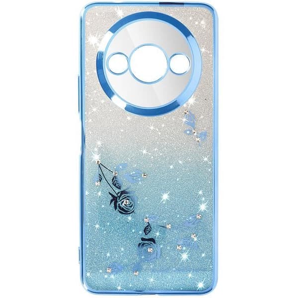 Fodral till Xiaomi Redmi A3 - AVIZAR - Blommor med glitter - Mjuk silikon - Ringhållare - Blå