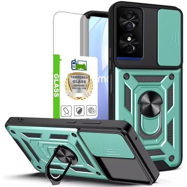 For TCL 50 SE Hybrid Armor Case Shockproof Ring Stand Phone Cover+Tempered Glass Dark Green