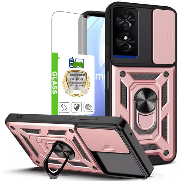 For TCL 50 SE Hybrid Armor Case Shockproof Ring Stand Phone Cover+Tempered Glass Rose Gold