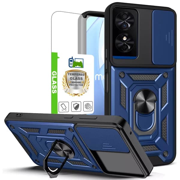 For TCL 50 SE Hybrid Armor Case Shockproof Ring Stand Phone Cover+Tempered Glass Blue